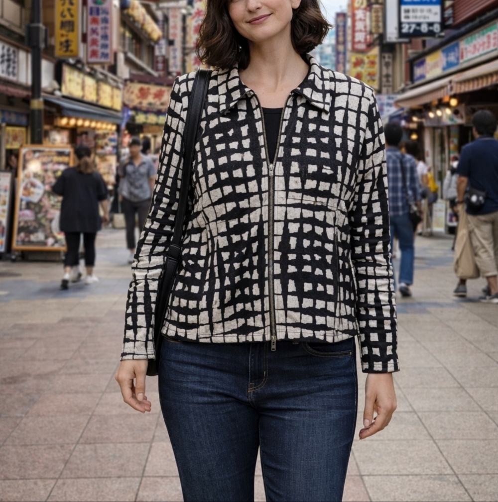 Joseph‎ Ribkoff Checkered Graphic Print Full Zip Jacket Size 12